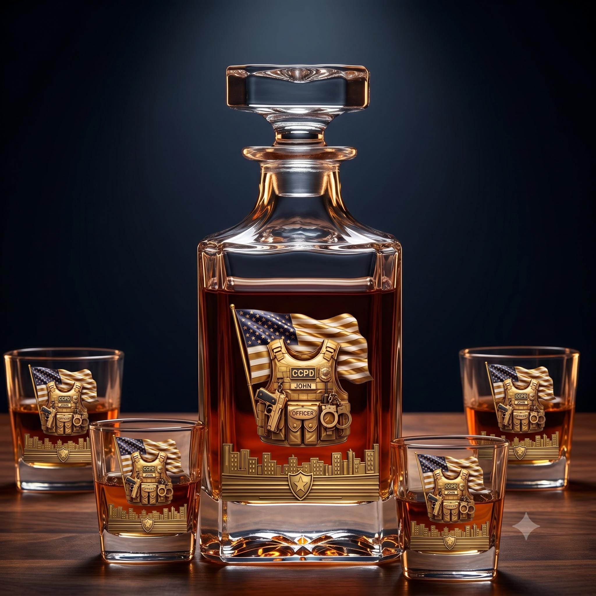 Personalized Police Whiskey Decanter Set with 4 Glasses, 3D Effect Gold Badge Design, Custom City Abbreviation