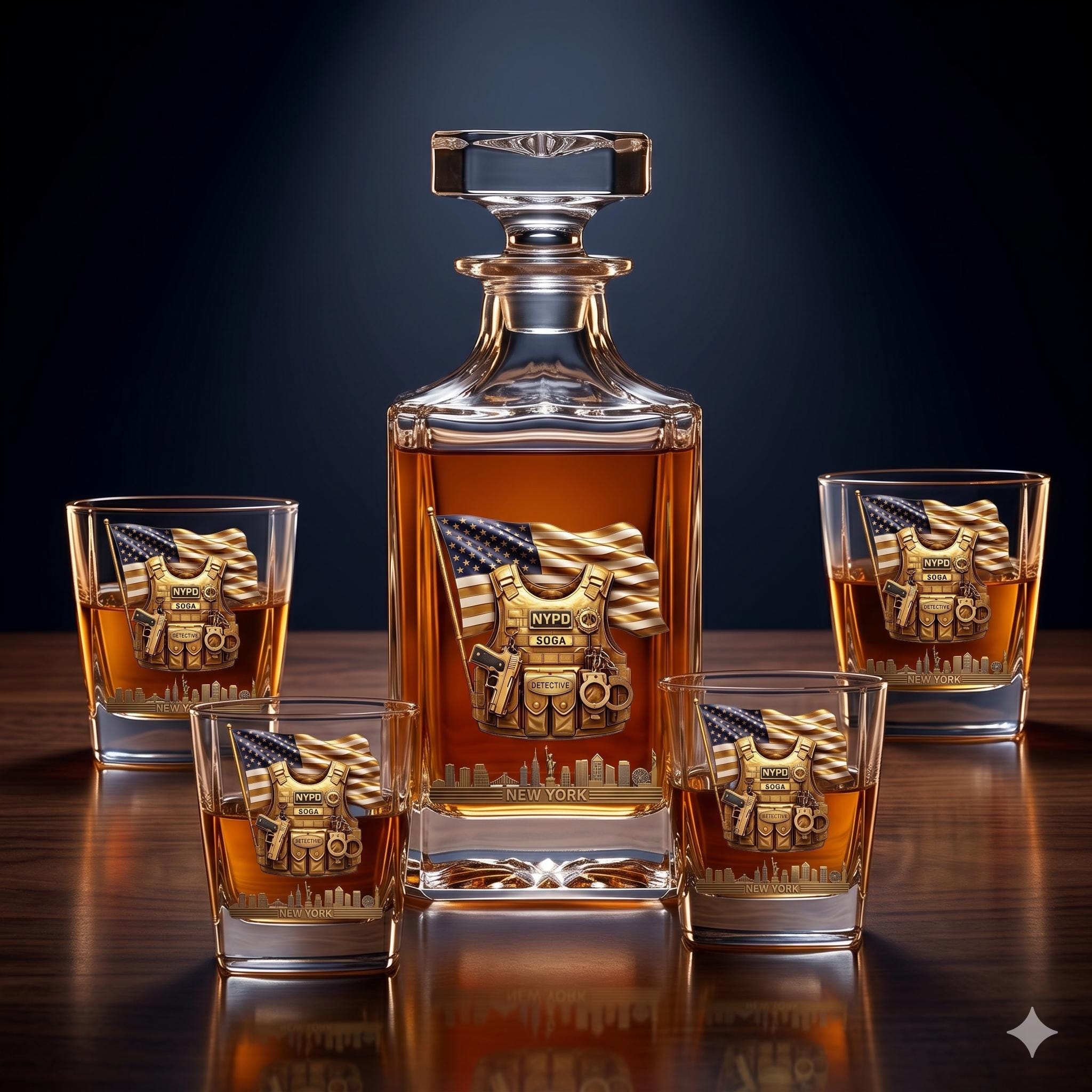 Personalized Police Whiskey Decanter Set with 4 Glasses, 3D Effect Gold Badge Design, Custom City Skyline Barw
