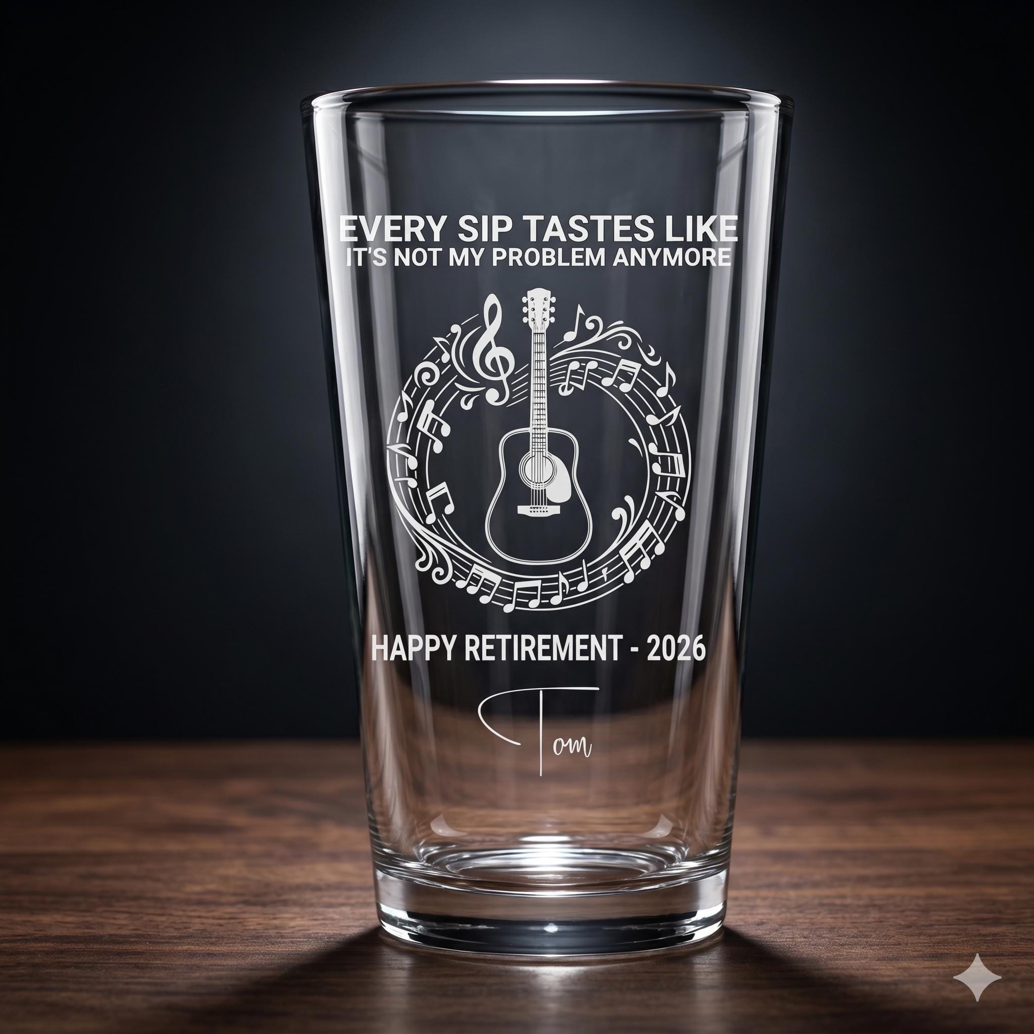 Personalized Retirement Pint Glass 16oz, Laser Engraved Guitar Beer Glass, Funny Retirement Gift for Music Lov