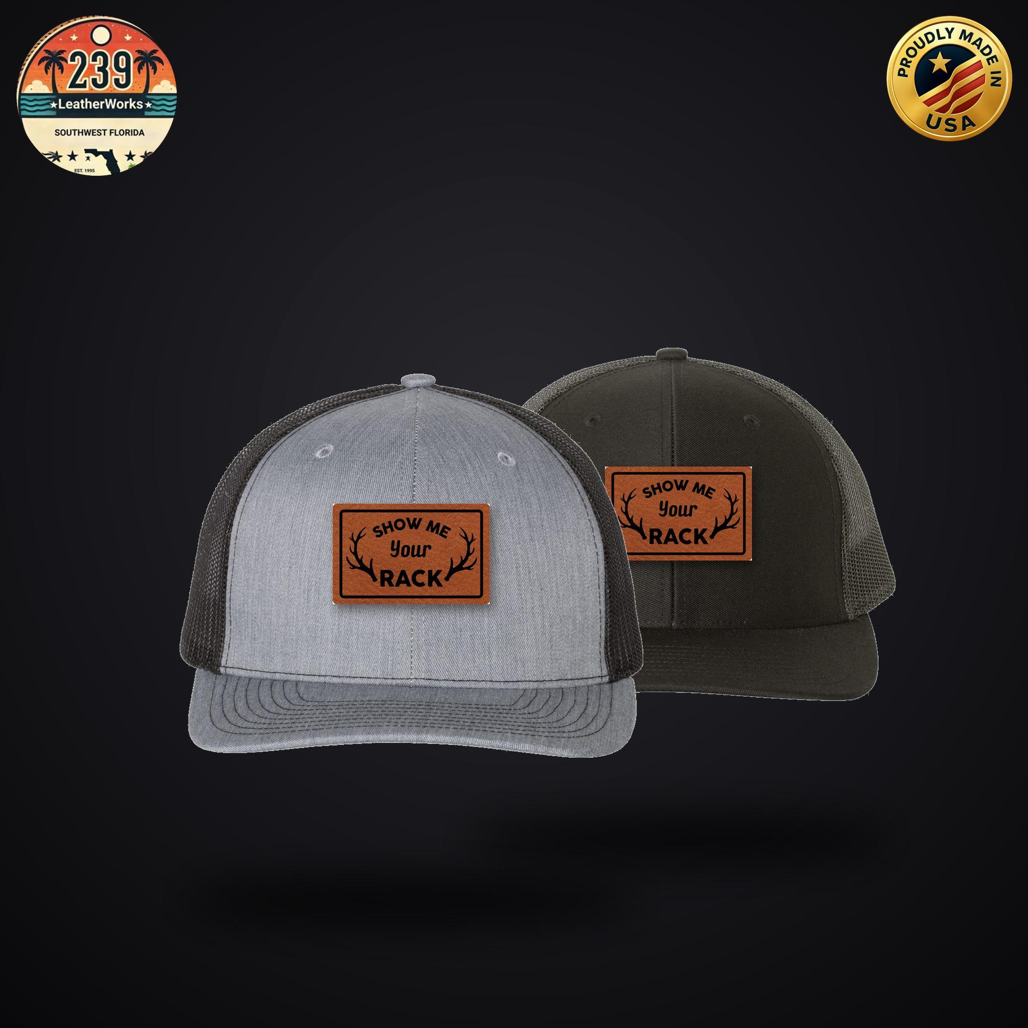 Show Me Your Rack Hunting Trucker Hat, Funny Deer Hunting Leather Patch Cap, Mesh Snapback Gift for Hunter, Me