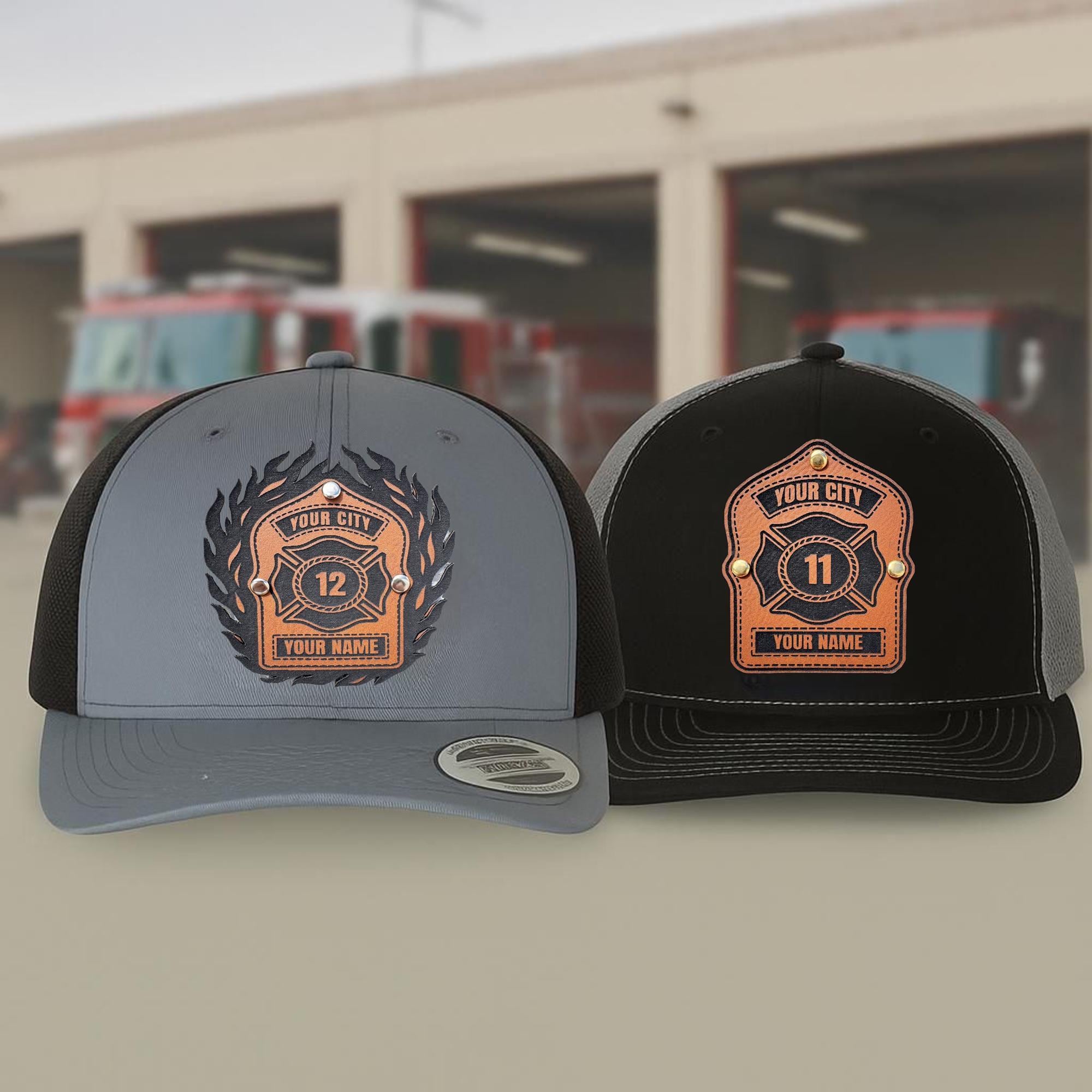 Firefighter Badge Richardson 112 Hat, Personalized Fire Department Trucker Cap, Custom City Station Number Nam