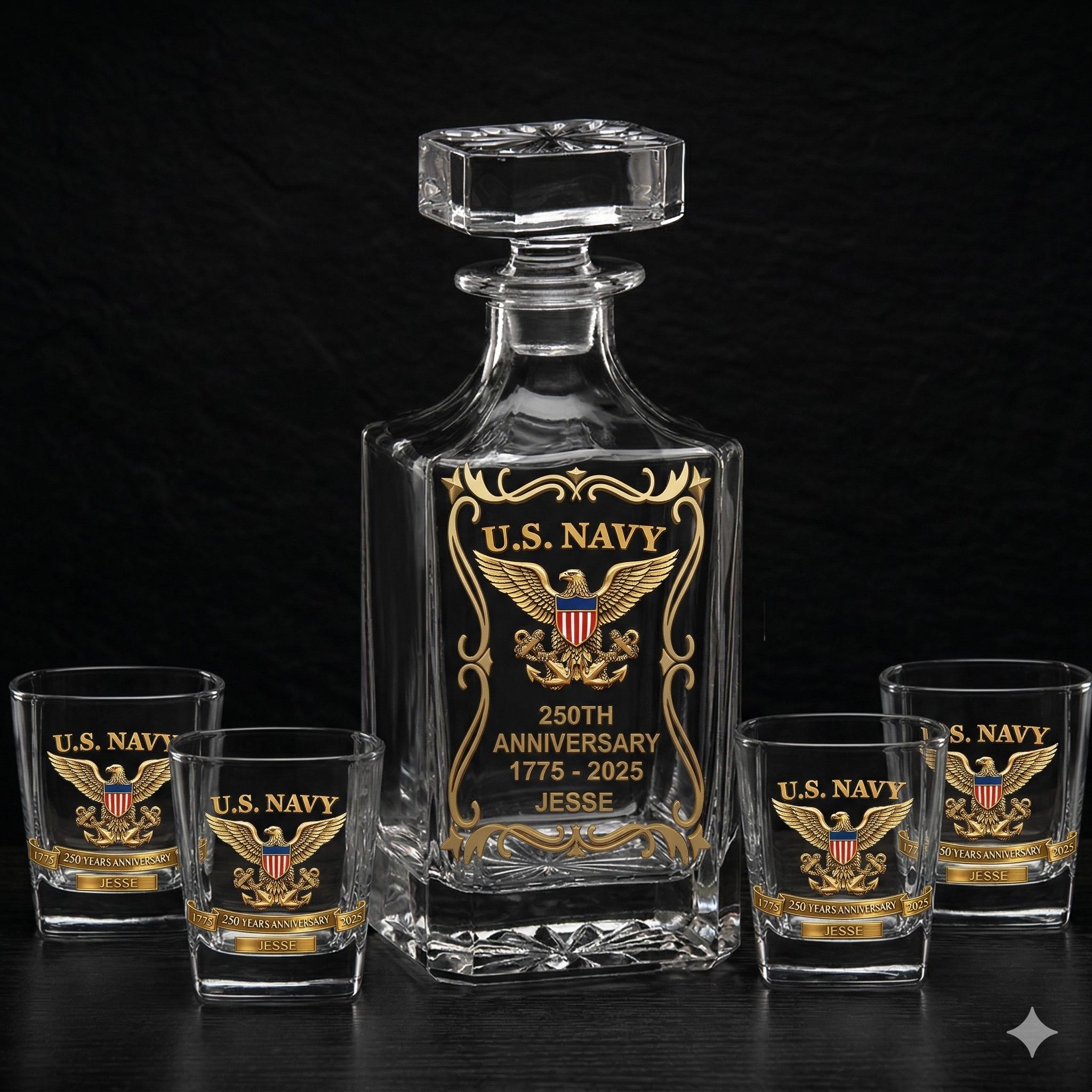 Personalized Naval 250th Anniversary Decanter Set, Whiskey Glasses, Veteran Gift